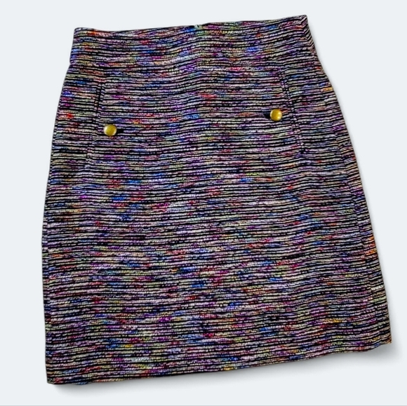 Loft Multicolor Tweed Skirt Brass Tone Buttons Size 00 Petite - Picture 1 of 14